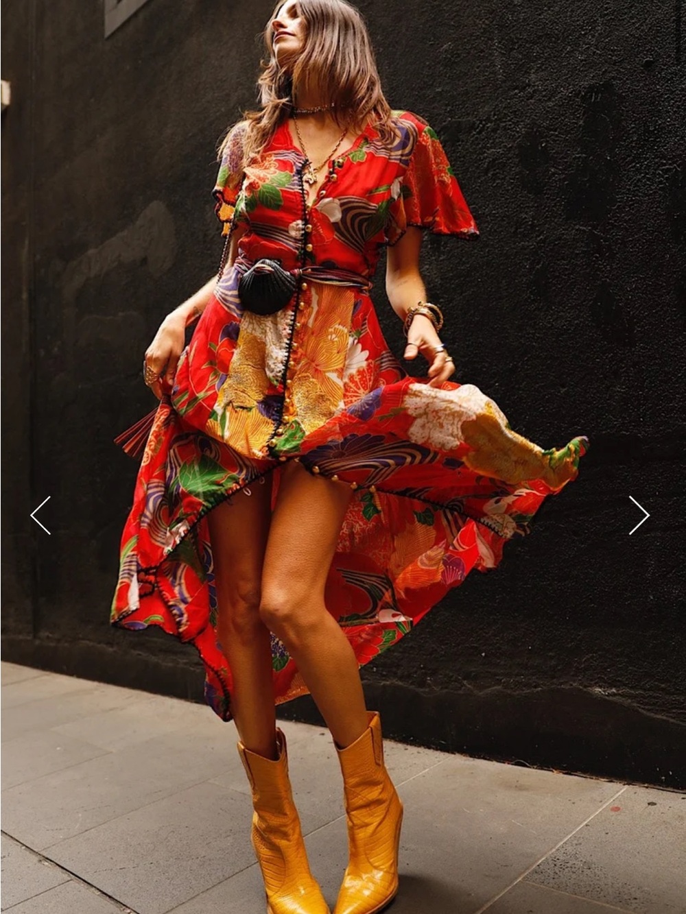 Chasing Unicorns Red Floral High-Low Maxi Dress with Multicolor Print